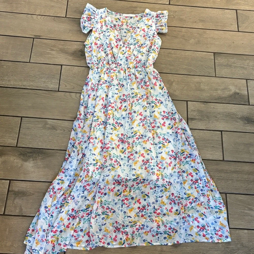 Version Feminin Floral Smocked Midi Dress Flutter Sleeve Ditsy Print Size S - Picture 3 of 11